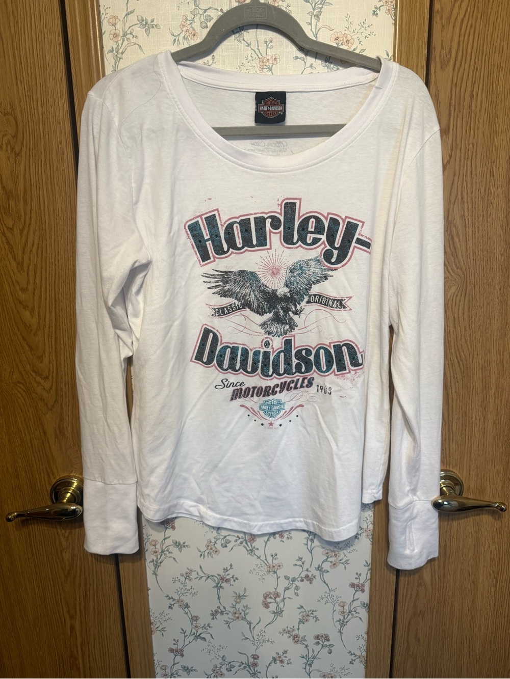 Harley-Davidson White Long Sleeve Tee with Eagle Graphic and Pink Accents